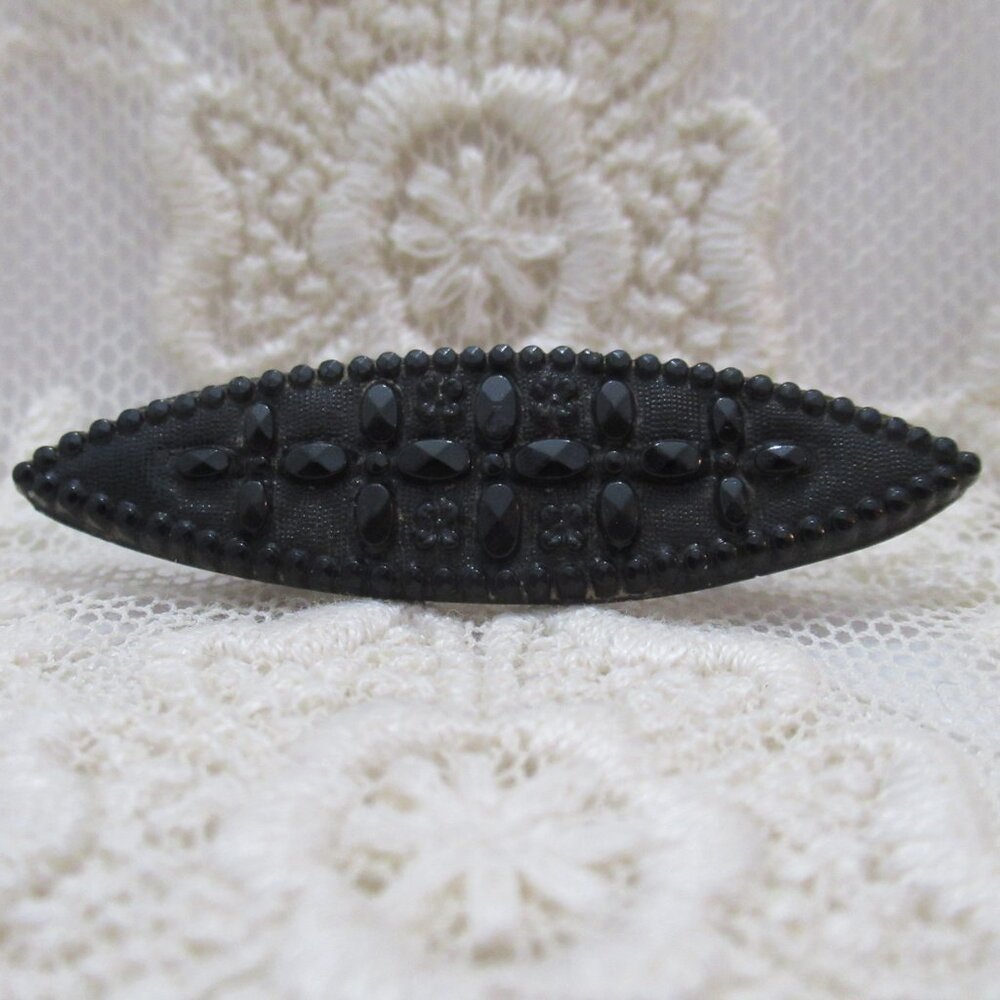 Antique Victorian French Jet Mourning Brooch Black Glass Bar Pin Gothic Memento
